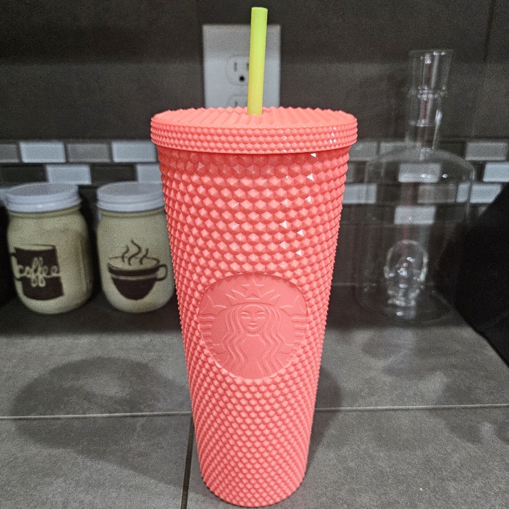 Starbucks Pink Studded Tumbler With Neon Yellow/Green Straw, Glossy, 24 Ounces